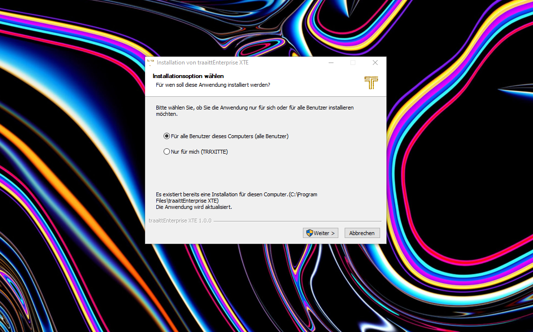 Screenshot of the installer utility for windows