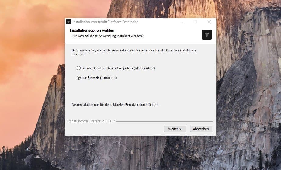 Screenshot of the installer utility for windows