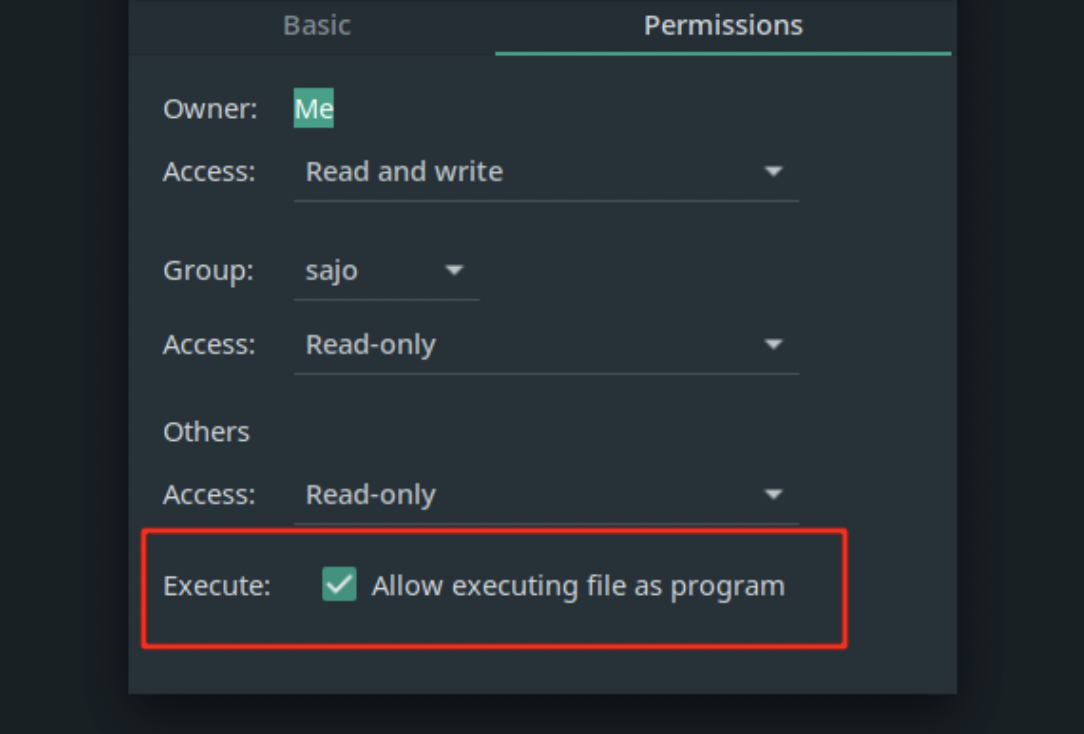 Location of tickbox to enable executing file as a program